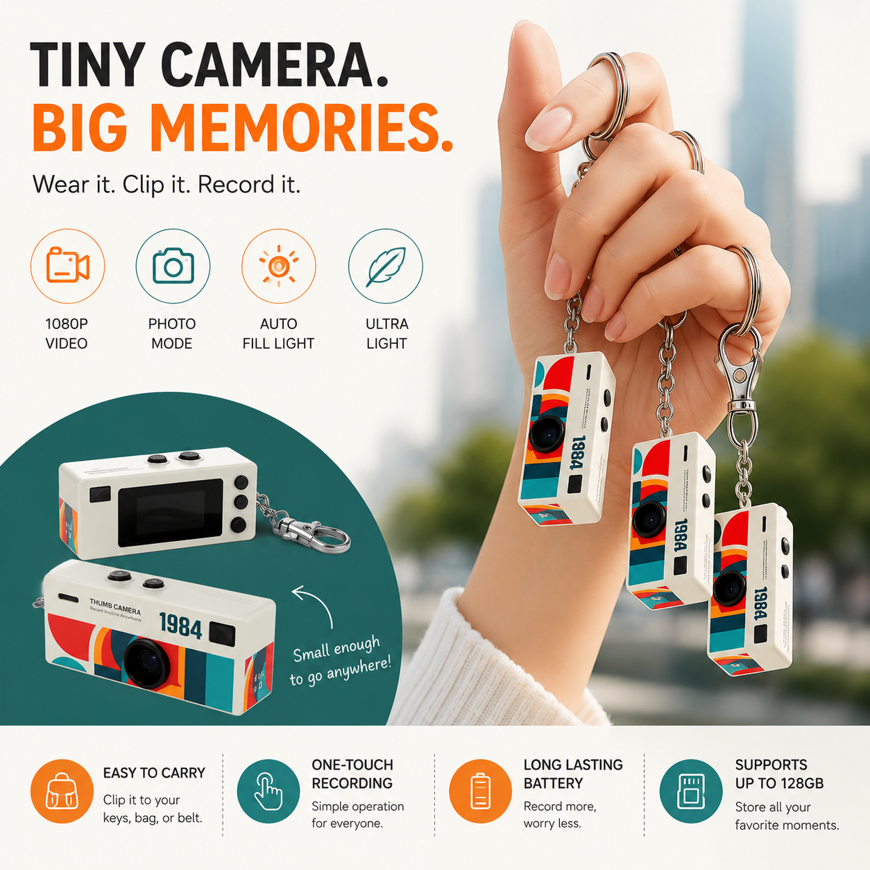 Digital Camera 0.96 Inch Keychain Camera Retro Support Memory Card 1080P Very Small Camcorder Video Recorder with Flash VYRONX®