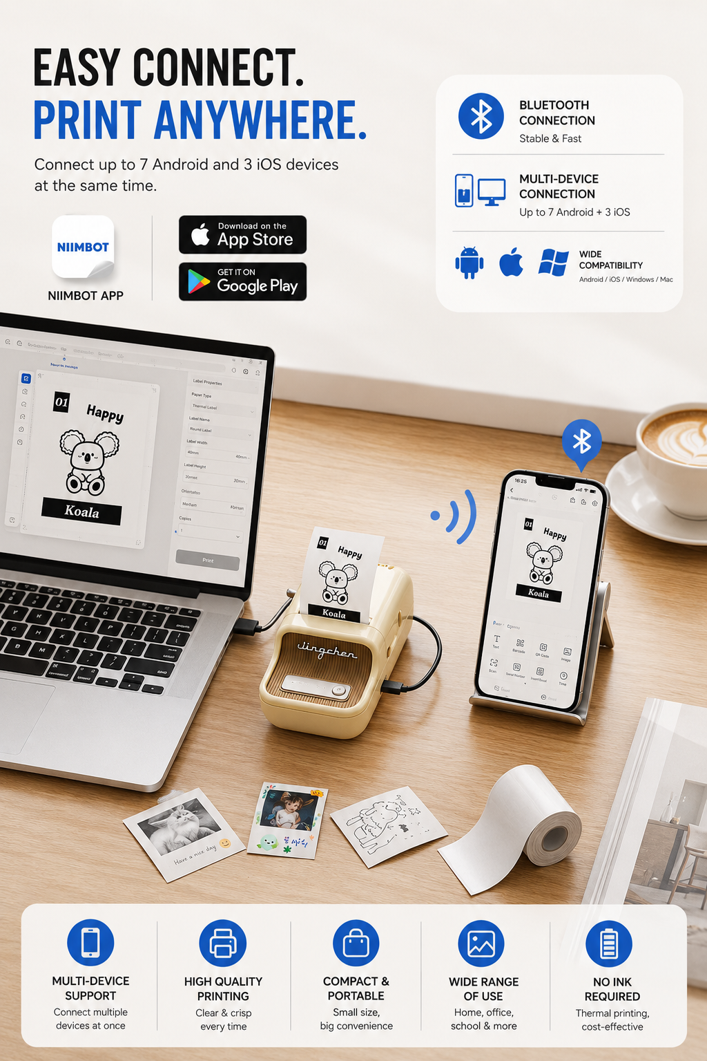 B21 Mini Thermal Printer Wireless Barcode Label Maker Bluetooth Portable Adhesive Label Printers for Office Commercial VYRONX®